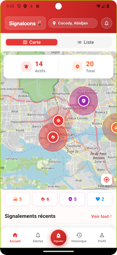 Écran Accueil — Carte des incidents