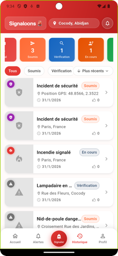 Écran Historique — Suivi des signalements