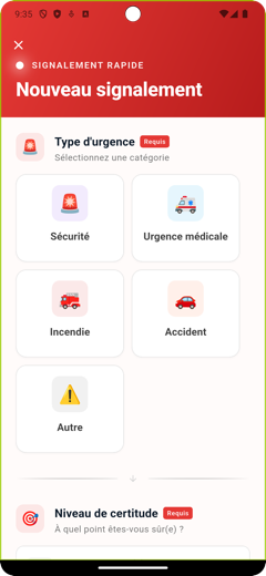 Écran Signaler — Nouveau signalement